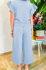 Beau Blue Textured Ruffled Sleeve Zipped Top and Wide Leg Pants Set Pant Sets JT's Designer Fashion