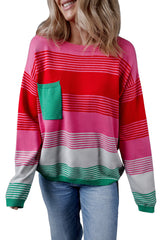 Rose Striped Knit Patch Pocket Drop Shoulder Sweater Sweaters JT's Designer Fashion