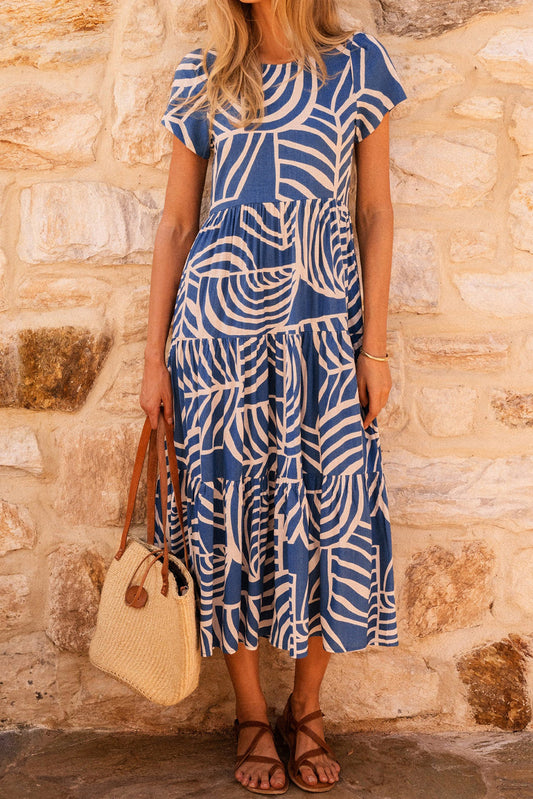 Sky Blue Boho Printed Short Sleeve Flare Tiered Dress Dresses JT's Designer Fashion