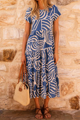 Sky Blue Boho Printed Short Sleeve Flare Tiered Dress Dresses JT's Designer Fashion