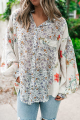 Purple Boho Floral Bishop Sleeve Button Up Loose Shirt Purple 100%Polyester Blouses & Shirts JT's Designer Fashion