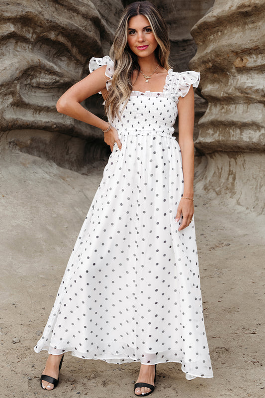 White Polka Dot Flutter Sleeve Square Neck Smocked Long Dress Maxi Dresses JT's Designer Fashion
