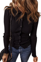 Black Ribbed Knit Collared Slim Fit Sweater Cardigan Cardigans JT's Designer Fashion