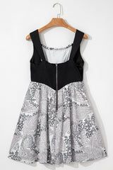 Black Sleeveless Leather Bustier Patchwork Paisley Floral Chiffon Dress Mini Dresses JT's Designer Fashion