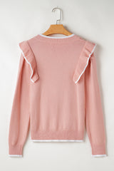 Light Pink Ruffled Bowknot Ribbed Trim Long Sleeve Sweater Sweaters JT's Designer Fashion