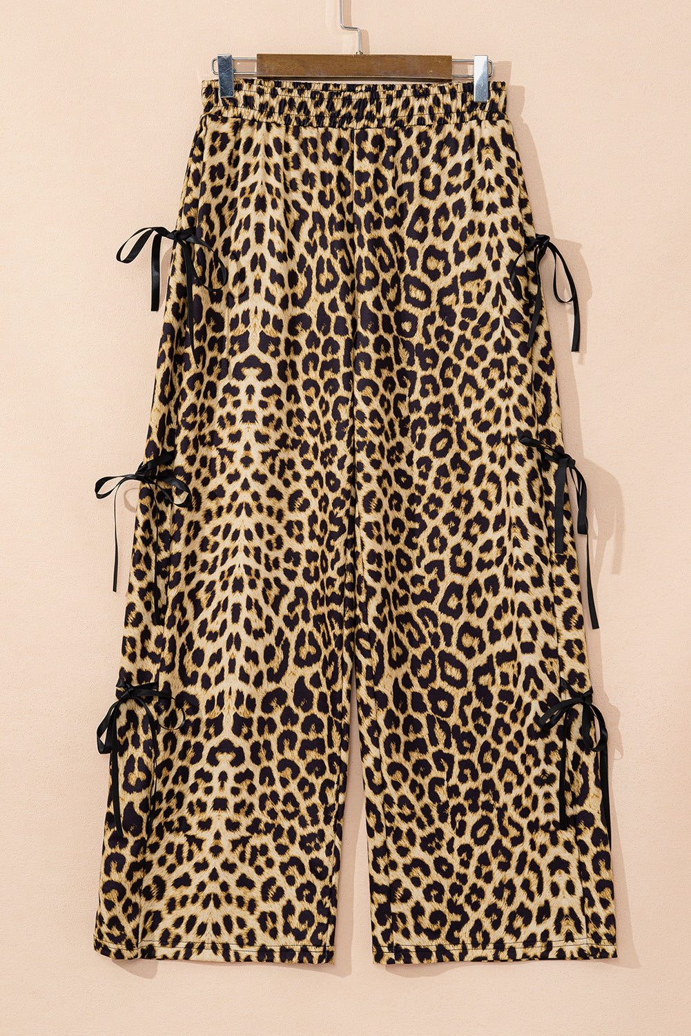 Brown Leopard Print Bow Tie Drawstring Elastic Waist Loose High Waist Pants Pants & Culotte JT's Designer Fashion