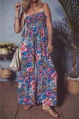Pink Floral Smocked Bust Spaghetti Straps Wide Leg Jumpsuit Jumpsuits & Rompers JT's Designer Fashion