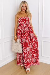 Red Floral Printed Spaghetti Strap Empire Waist Maxi Dress Floral Dresses JT's Designer Fashion