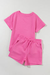 Strawberry Pink 2pcs Solid Textured Drawstring Shorts Set Short Sets JT's Designer Fashion