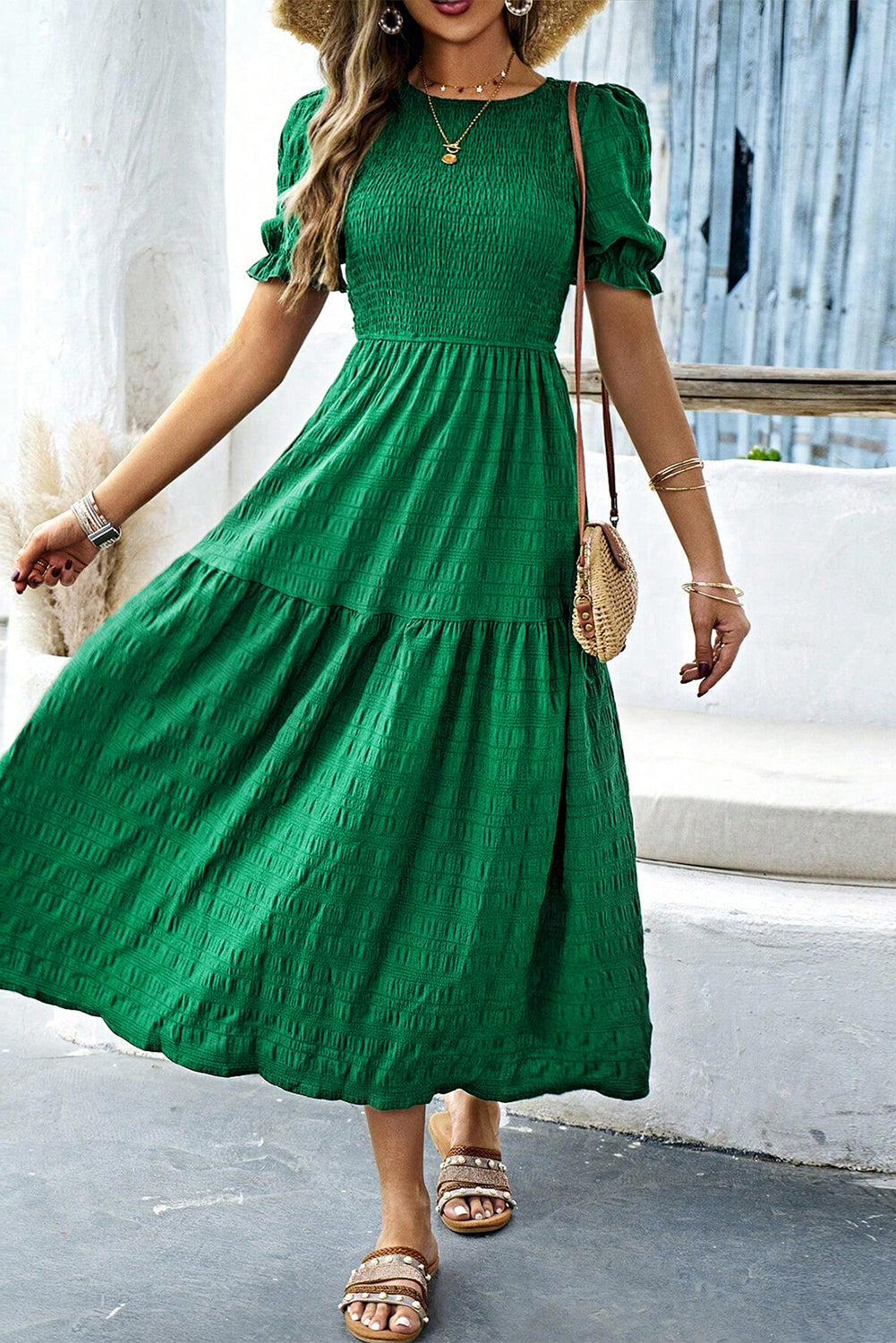 Dark Green Solid Textured Smocked Puff Short Sleeve High Waist Long Dress Dresses JT's Designer Fashion