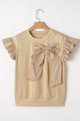 Parchment Two Tones Ribbon Bow Ruffle Sleeve Top Blouses & Shirts JT's Designer Fashion