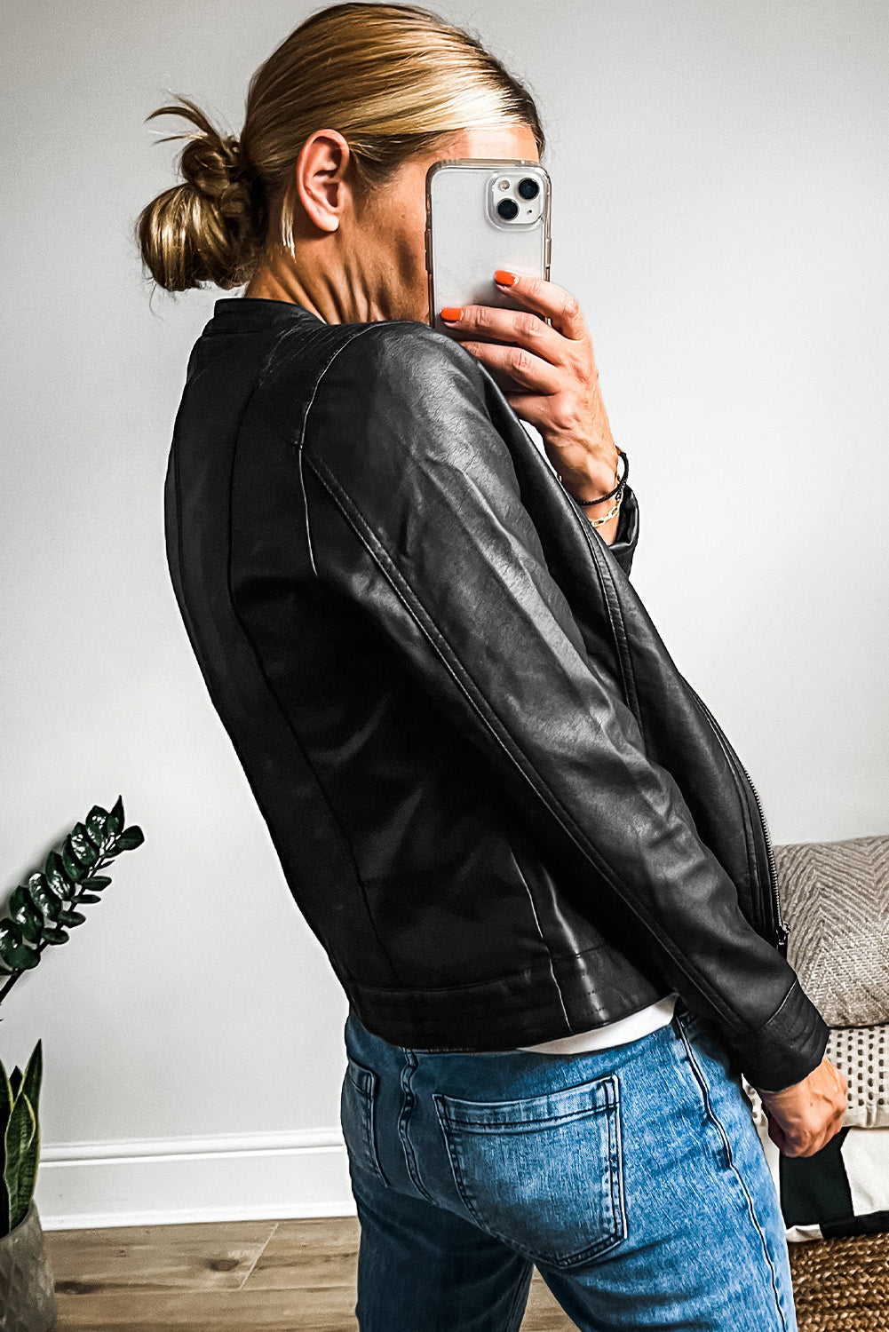 Black Solid Faux Leather Zipper Slim Fit Bomber Jacket Jackets JT's Designer Fashion