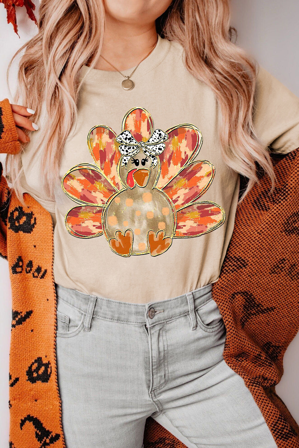 Khaki Thanksgiving Bowknot Turkey Graphic Crewneck Tee Graphic Tees JT's Designer Fashion