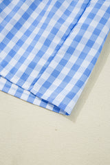 Sky Blue Gingham Short Sleeve Button Tie Split Neck Loose Mini Dress Mini Dresses JT's Designer Fashion