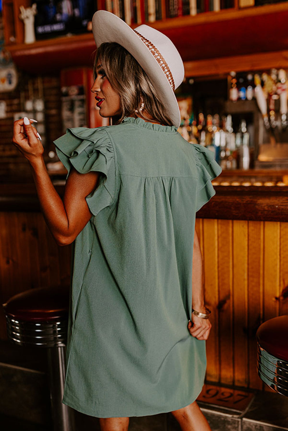 Mist Green Ruffle Sleeve V Neck Frilled Shift Dress Dresses JT's Designer Fashion