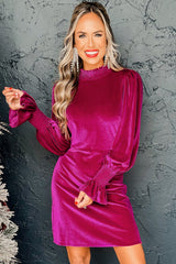 Rose Red Smocked Mock Neck Ruffled Puff Sleeve Velvet Mini Dress Mini Dresses JT's Designer Fashion