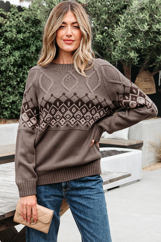 Light French Beige Western Geometric Patterned Crew Neck Knitted Sweater Light French Beige 100%Acrylic Sweaters JT's Designer Fashion