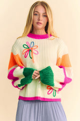 Beige Colorblock Flower Print Cable Knit Loose Sweater Sweaters JT's Designer Fashion