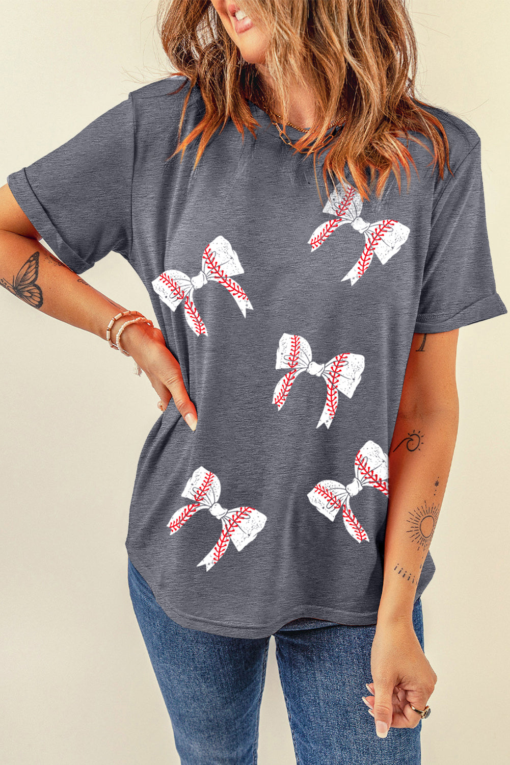Gray Rugby Bow Knot Print Crewneck Casual T Shirt Graphic Tees JT's Designer Fashion