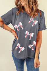 Gray Rugby Bow Knot Print Crewneck Casual T Shirt Graphic Tees JT's Designer Fashion