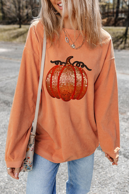 Orange Sequined Pumpkin Ribbed Round Neck Halloween Sweatshirt Orange-3 100%Polyester Graphic Sweatshirts JT's Designer Fashion