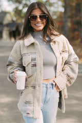 Khaki Western Aztec Print Sherpa Splicing Buttoned Flap Pocket Coat Jackets JT's Designer Fashion