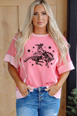 Peach Blossom Raw Seam Mix Texture Patchwork Rodeo Graphic Tee Graphic Tees JT's Designer Fashion