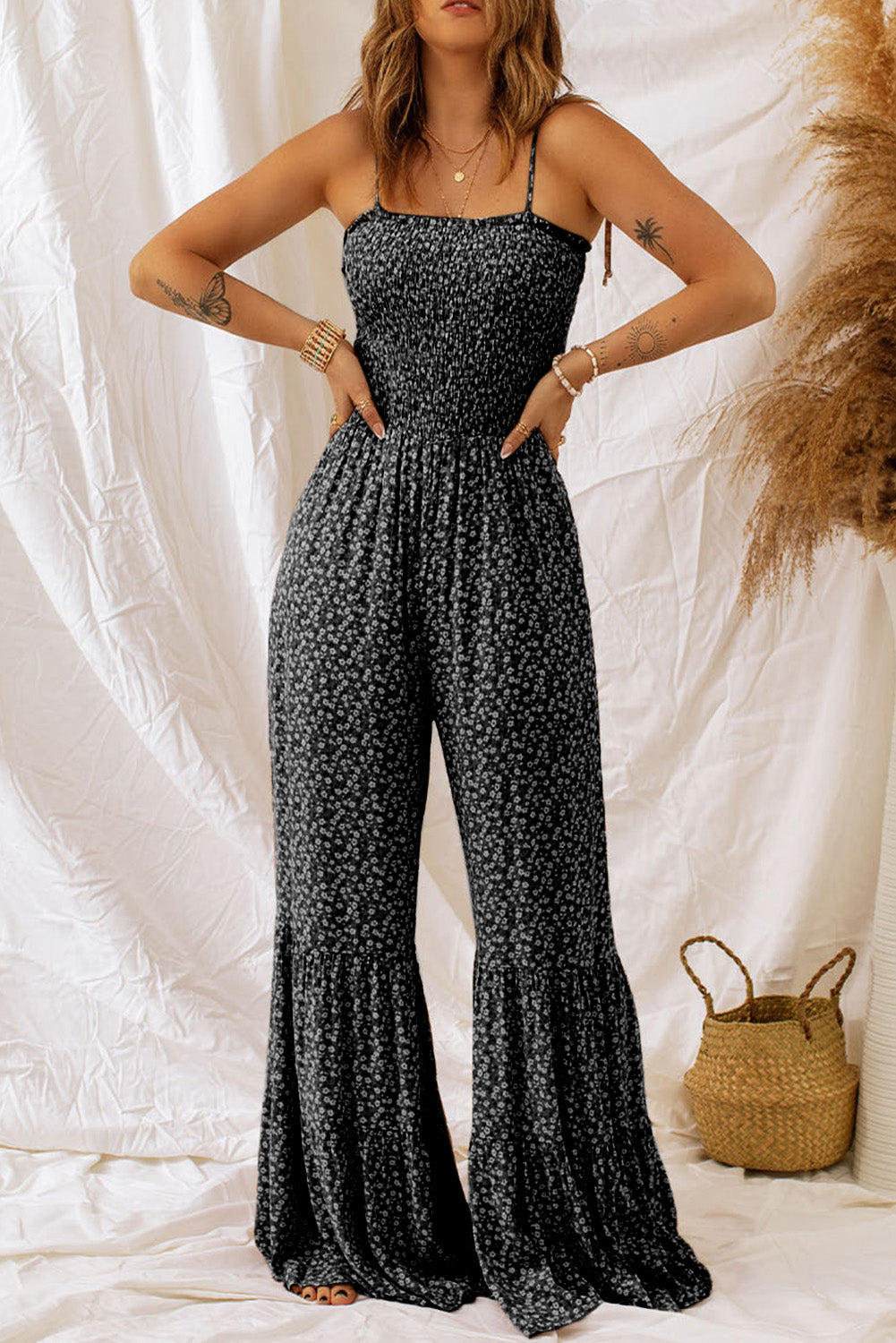Black Khaki Thin Straps Smocked Bodice Wide Leg Floral Jumpsuit Bottoms JT's Designer Fashion