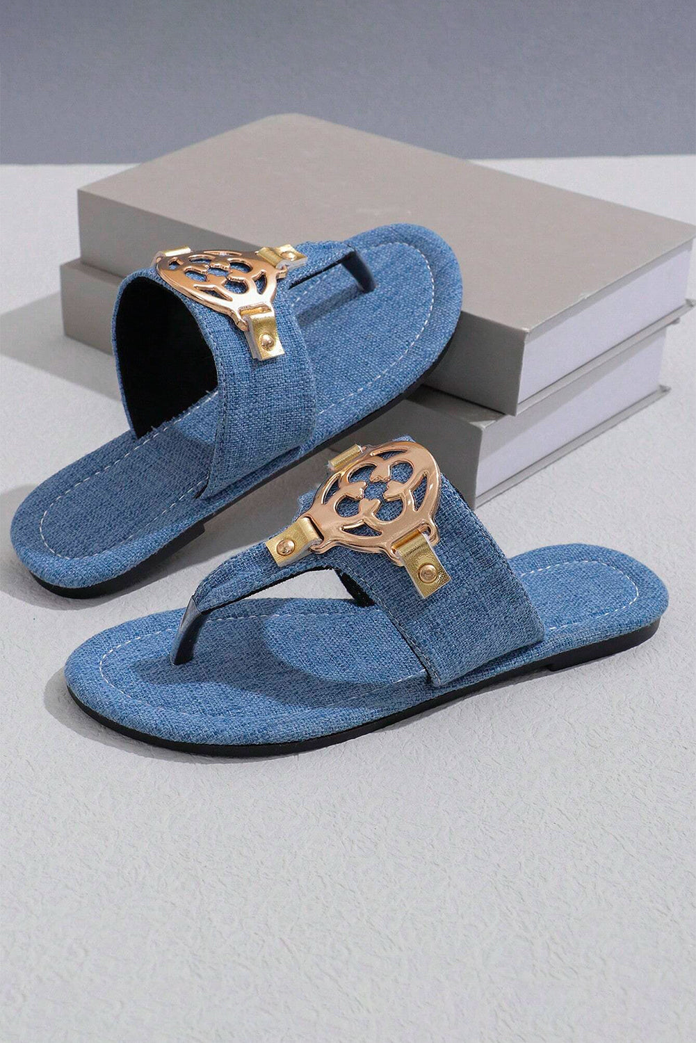 Dusk Blue Metal Décor Leather Thong Slippers Slippers JT's Designer Fashion