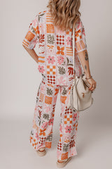 Orange Plant Checkered Print Collared Shirt and Wide Leg Pants Set Pant Sets JT's Designer Fashion