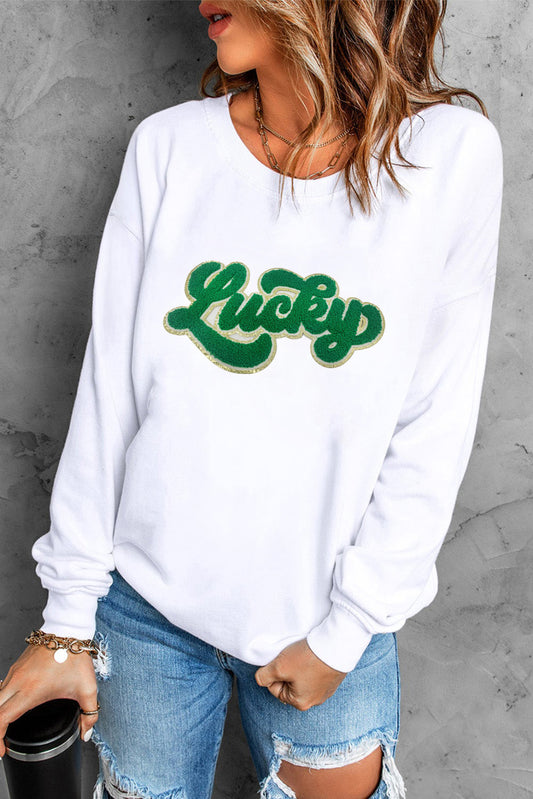 White Shiny Trim Chenille Lucky Pattern Sweatshirt White 70%Polyester+30%Cotton Graphic Sweatshirts JT's Designer Fashion