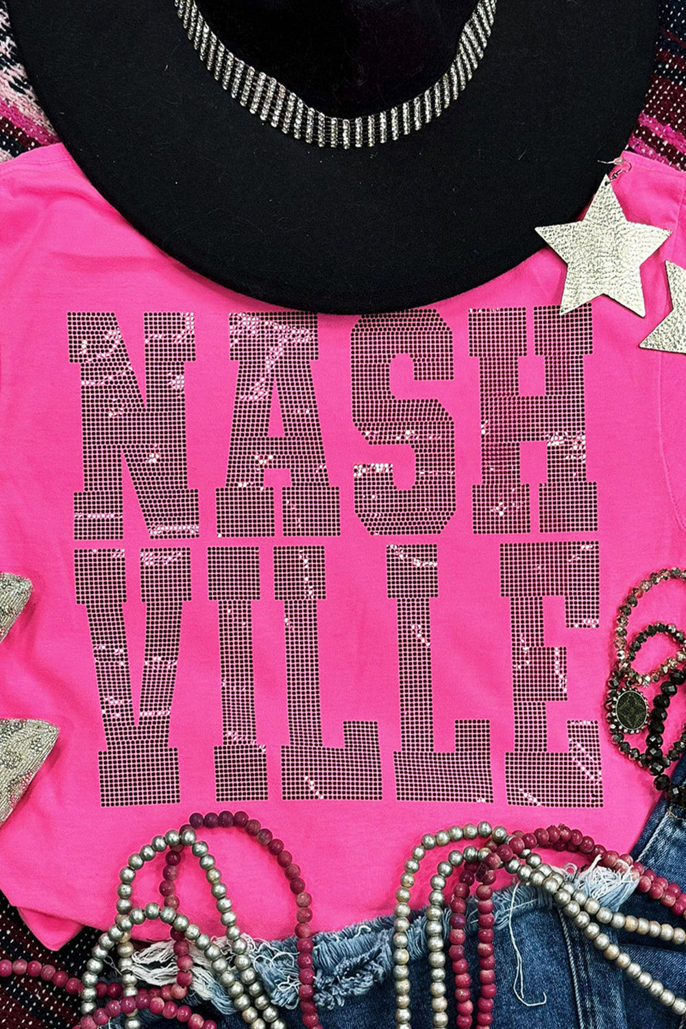 Rose Red NASHVILLE Rhinestone Crew Neck Graphic Tee Graphic Tees JT's Designer Fashion