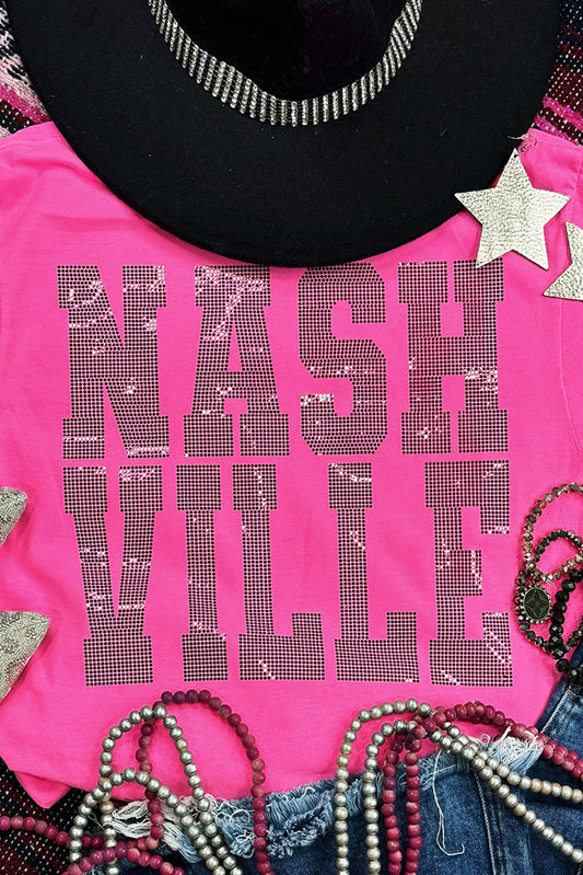 Rose Red NASHVILLE Rhinestone Crew Neck Graphic Tee Graphic Tees JT's Designer Fashion