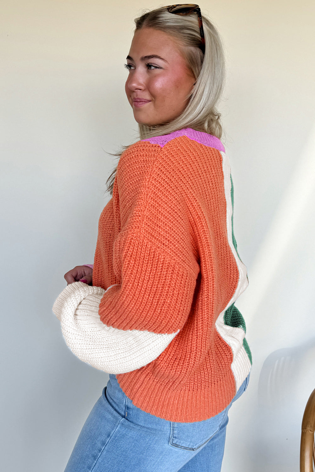Desert Gold Color Block Textured Knit Drop Shoulder Loose Fit Sweater Sweaters JT's Designer Fashion