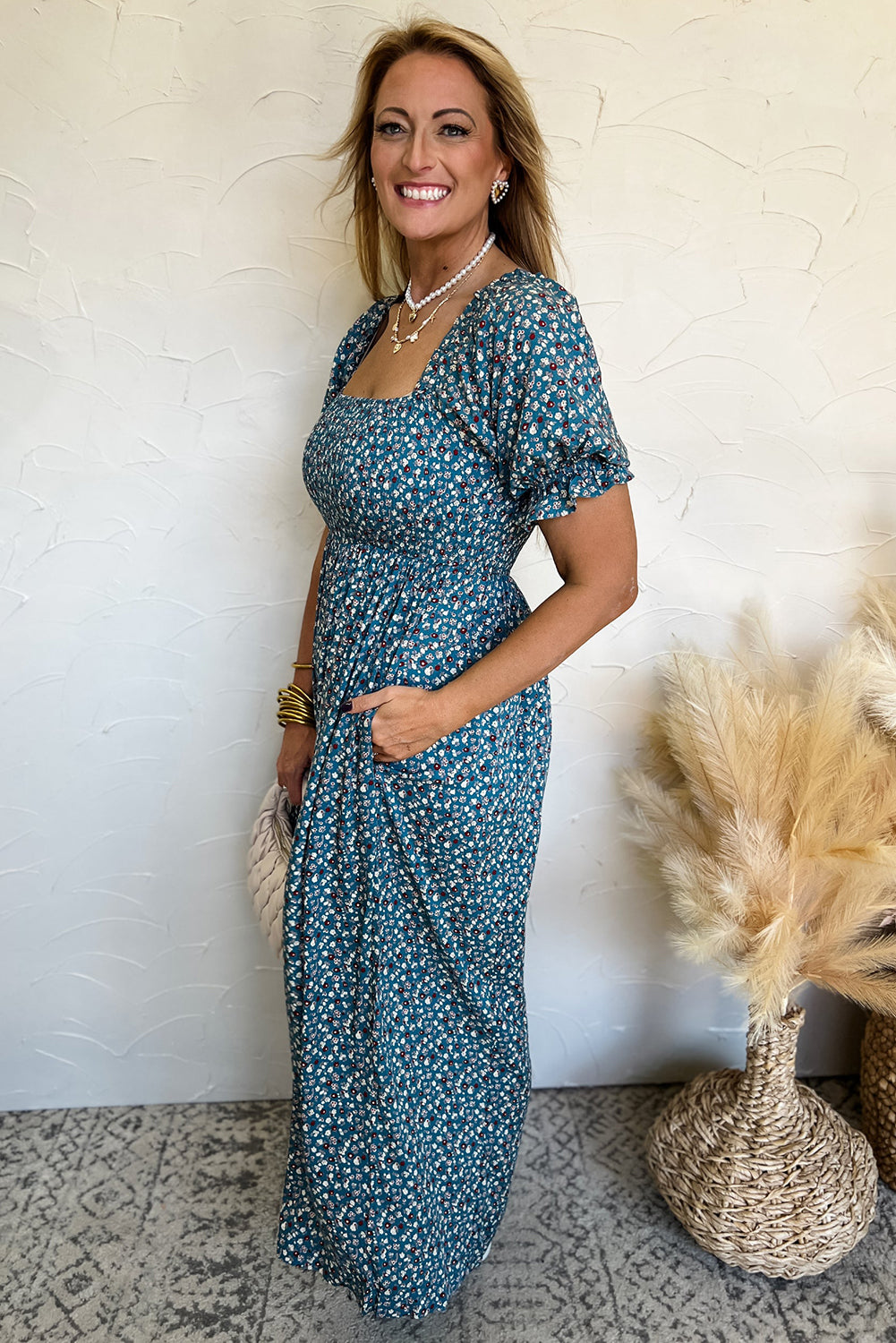 Blue Vintage Boho Floral Smocked Short Puff Sleeve Wide Leg Jumpsuit Jumpsuits & Rompers JT's Designer Fashion