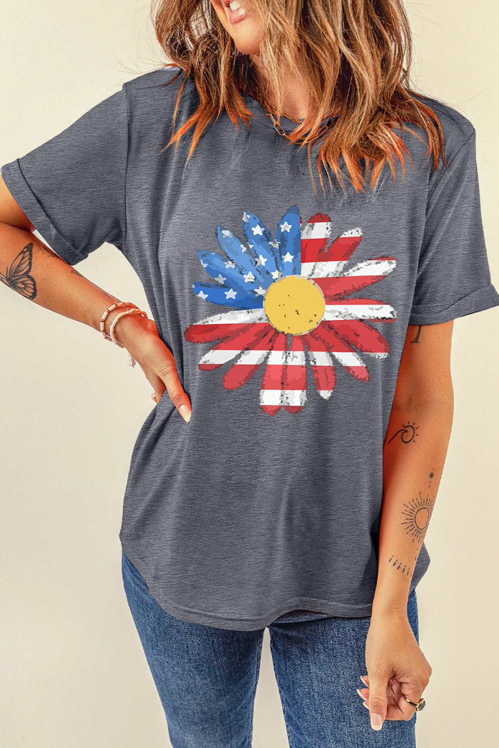 Gray Flag Pattern Sunflower Graphic Crew Neck Tee Graphic Tees JT's Designer Fashion