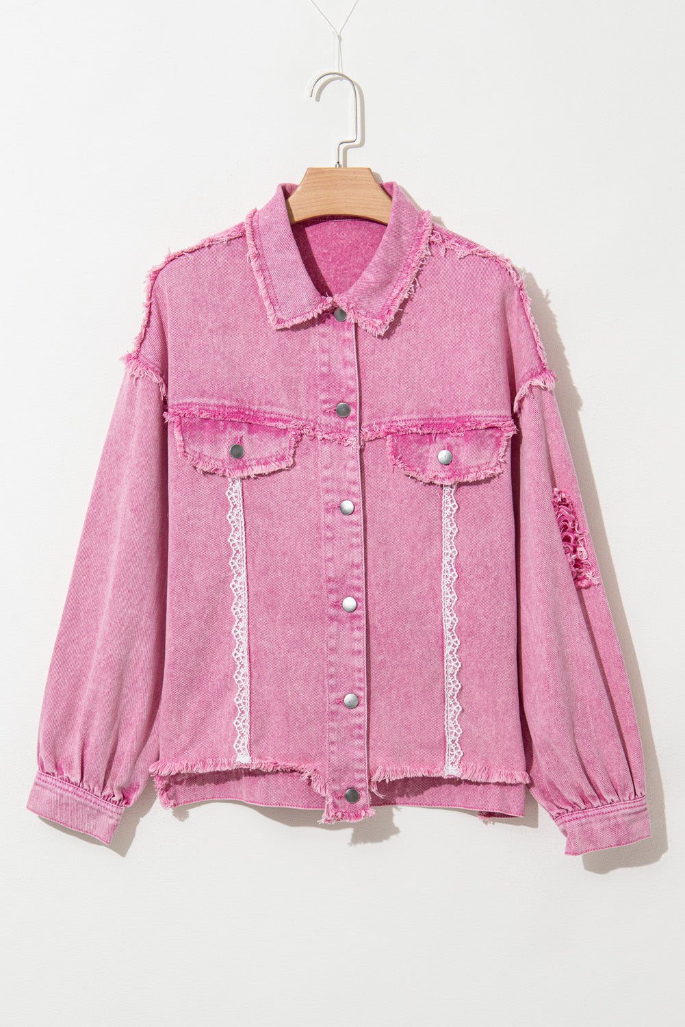 Pink Lace Patchwork Distressed Buttoned Denim Jacket Denim Jackets JT's Designer Fashion