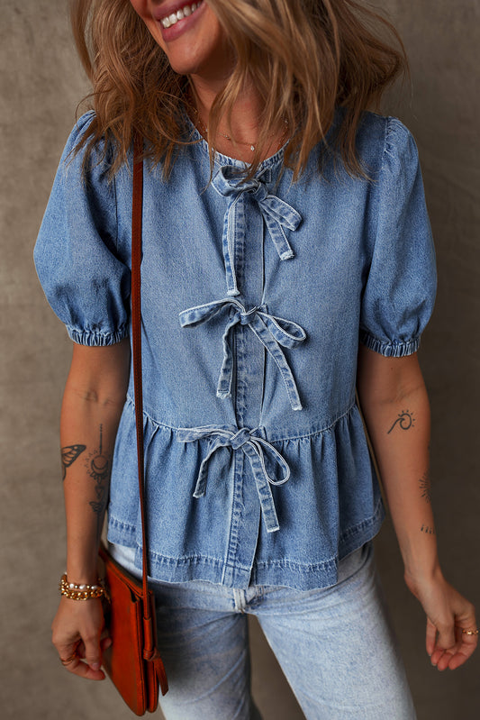 Dusk Blue Tied Front Bubble Sleeve Peplum Denim Shirt Dusk Blue 100%Cotton Blouses & Shirts JT's Designer Fashion