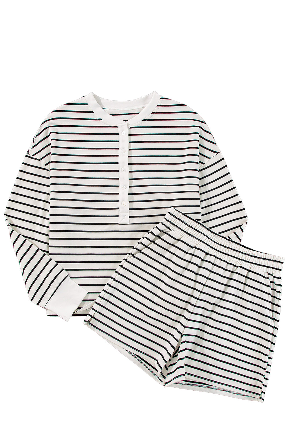 Black white Stripes Printed Half Button Long Sleeve Top and Shorts Set Short Sets JT's Designer Fashion