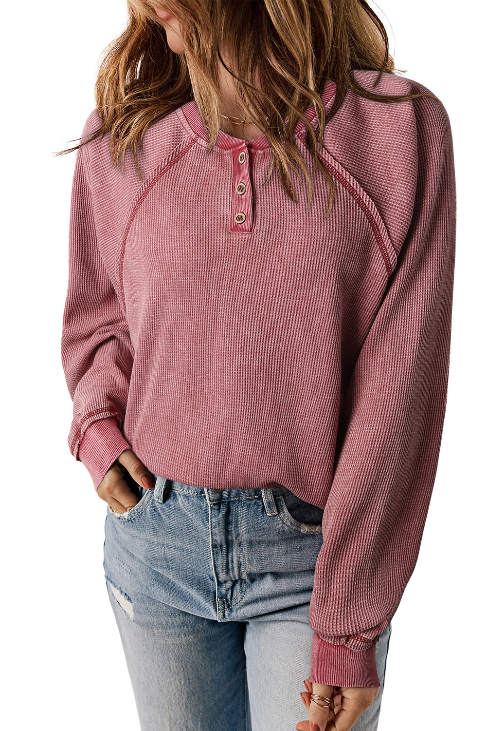 Fiery Red Waffle Knit Raglan Sleeve Henley Sweatshirt Sweatshirts & Hoodies JT's Designer Fashion