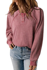 Fiery Red Waffle Knit Raglan Sleeve Henley Sweatshirt Sweatshirts & Hoodies JT's Designer Fashion