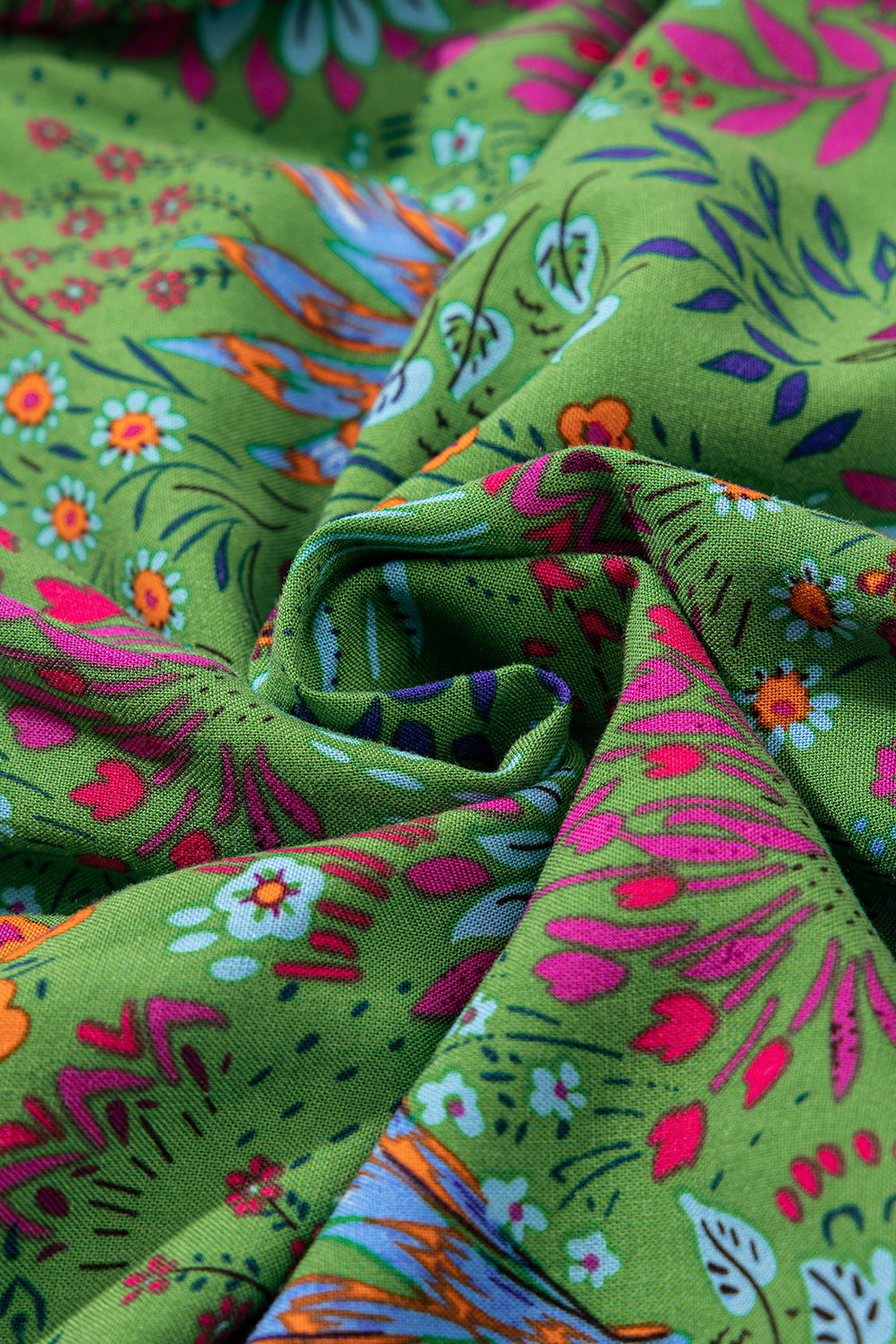 Green Floral Tie Split Neck Frilly Ruffle Trim Tiered Short Dress Floral Dresses JT's Designer Fashion