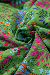 Green Floral Tie Split Neck Frilly Ruffle Trim Tiered Short Dress Floral Dresses JT's Designer Fashion