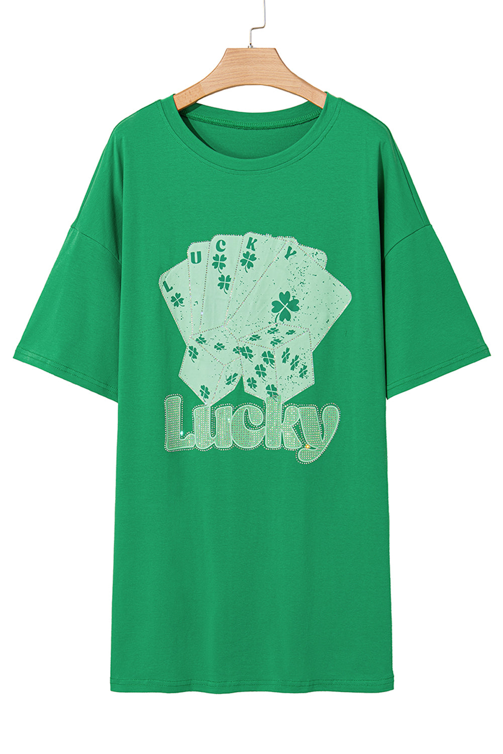 Bright Green Rhinestone Lucky Poker Cards Oversized T Shirt Mini Dress T Shirt Dresses JT's Designer Fashion