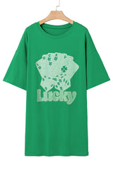 Bright Green Rhinestone Lucky Poker Cards Oversized T Shirt Mini Dress T Shirt Dresses JT's Designer Fashion