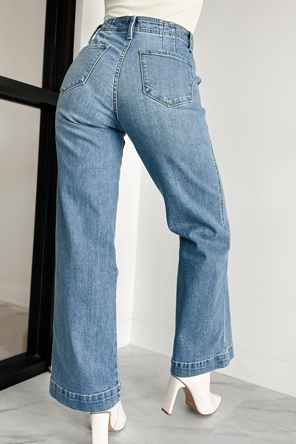 Dusk Blue Multi Button Waist Medium Wash Straight Leg Jeans Bottoms JT's Designer Fashion