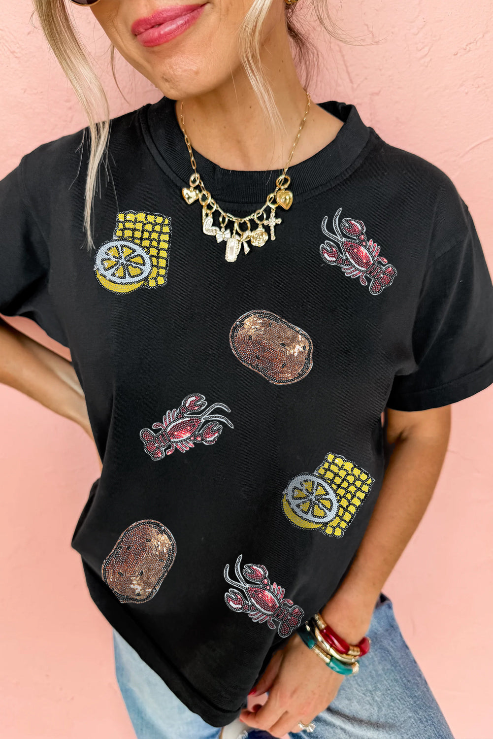 Black Sequin Crawfish Potato Lemon Corn Graphic Crewneck T Shirt Graphic Tees JT's Designer Fashion