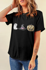 Black Halloween Sequin Pattern Patched Crewneck Tee Graphic Tees JT's Designer Fashion