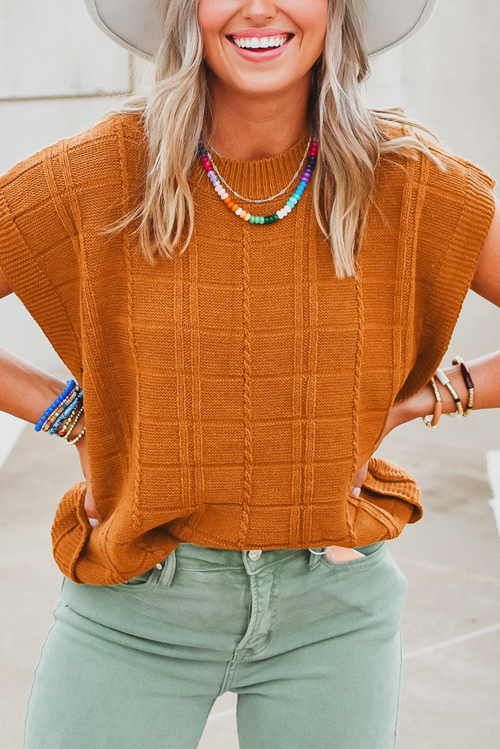 Chestnut Grid Textured Short Sleeve Sweater Sweaters & Cardigans JT's Designer Fashion