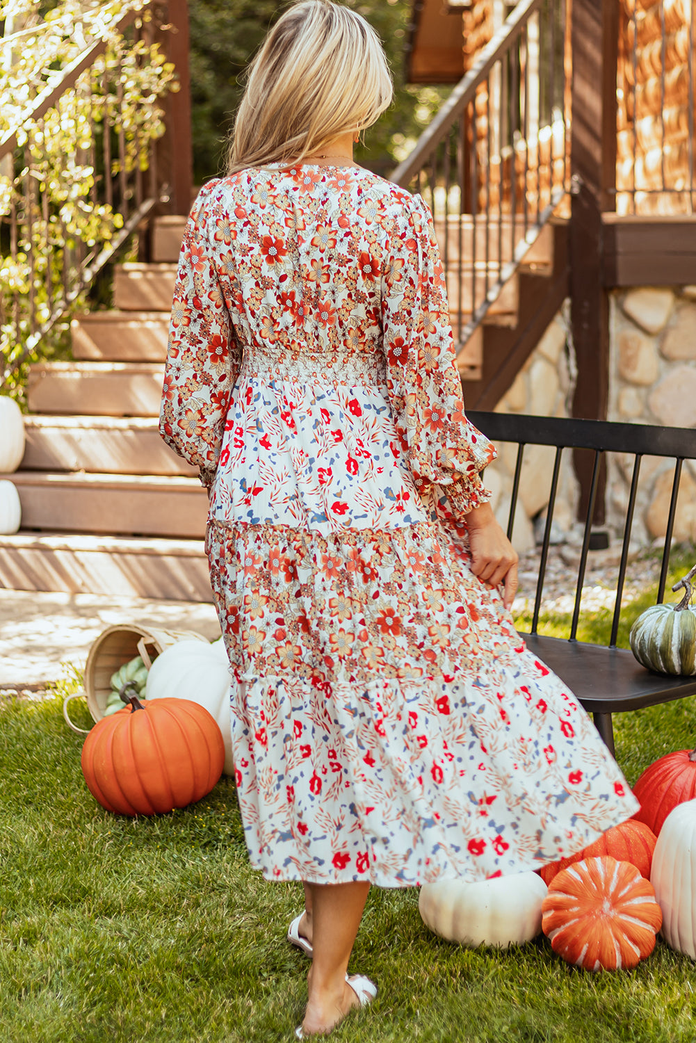 Khaki Floral Print Ruffled Tiered Long Sleeve V Neck Midi Dress Floral Dresses JT's Designer Fashion
